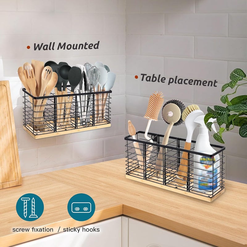 Suli Extra Large Kitchen Utensil Holder with 4 Compartments，Matte Black Metal holder with Wooden Base for Kitchen Countertop，Farmhouse Cooking Utensil Storage, Rustic Cooking Utensil - Image 5